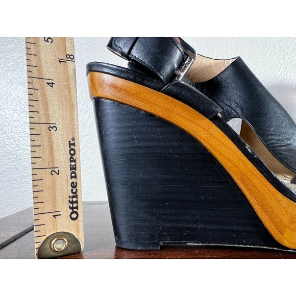 Michael Kors Josephine Sandal Womens 7M Black Platform Wedge Leather Wood Peep T - Picture 3 of 11